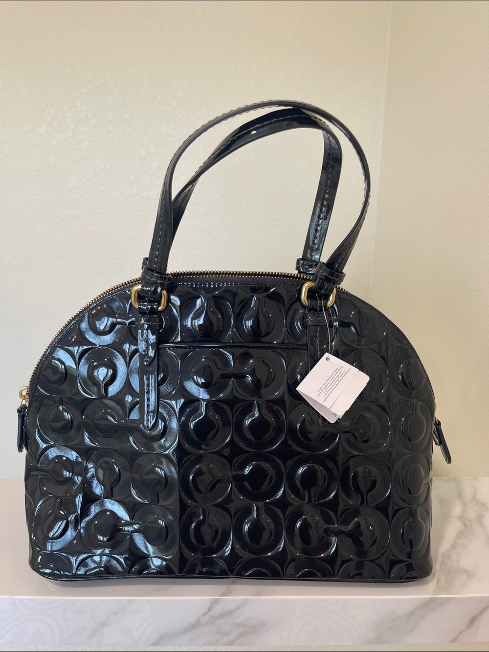 Coach Black Patent Signature Dome Satchel with Gold Hardware